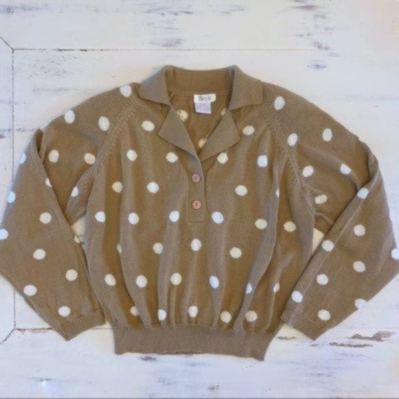 Vintage 80s Polo Sweater Tan & White Polka Dot Wool Blend Neutral Medium/Large - Picture 2 of 6